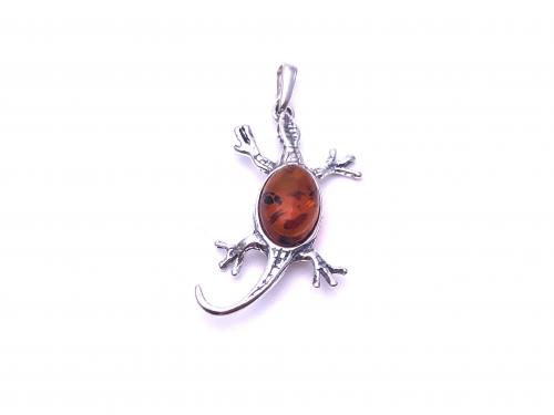 Silver and Amber Gecko Pendant 39 x 20mm