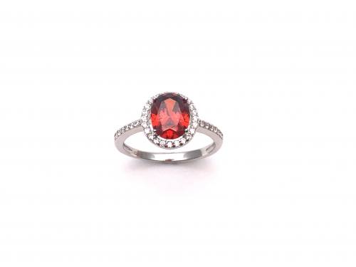 Silver Red Stone & Clear CZ Ring