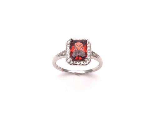 Silver Red Stone & Clear CZ Ring