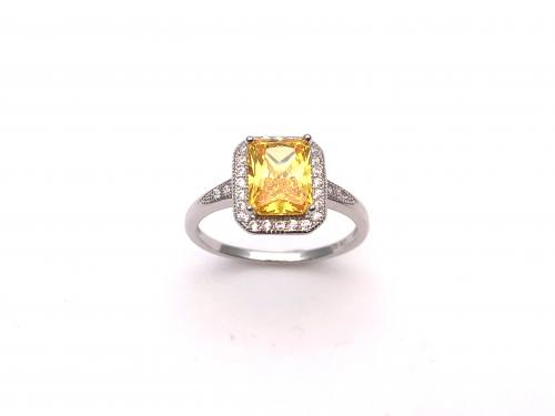Silver Yellow Stone & Clear CZ Ring