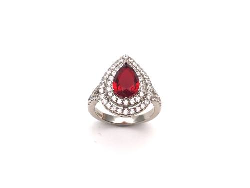 Silver Red CZ  Halo Cluster Ring