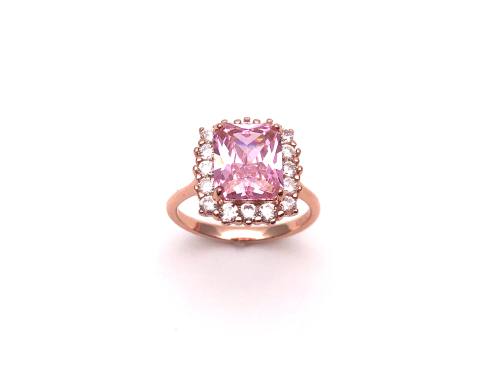 Silver Rose Gold Plated Pink CZ Cluster Ring