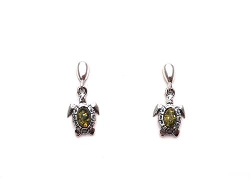 Silver and Green Amber Turtle Drop Earrings