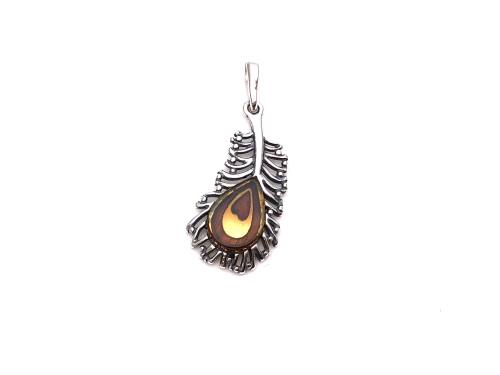 Silver and Amber Heart Feather Pendant