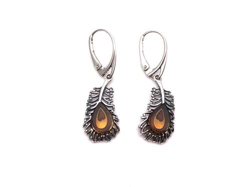 Silver and Amber Heart Feather Drop Earrings