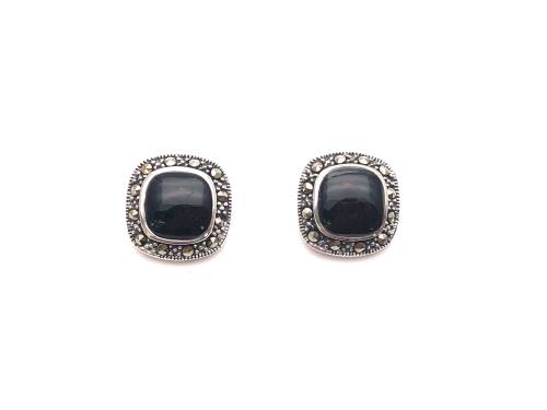Silver Onyx & Marcasite Halo Stud Earrings