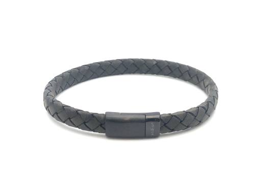 Black Leather Matte Polished Steel Flat Bracelet