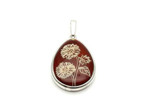 Silver Amber Lazer Engraved Teardrop Pendant