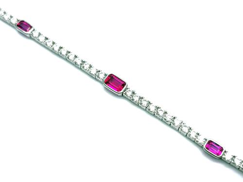 Silver Red & White CZ Fancy Tennis Bracelet