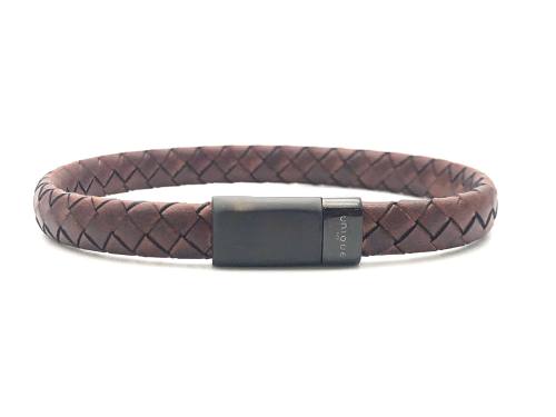 Brown Leather Matte Polished Steel Flat Bracelet