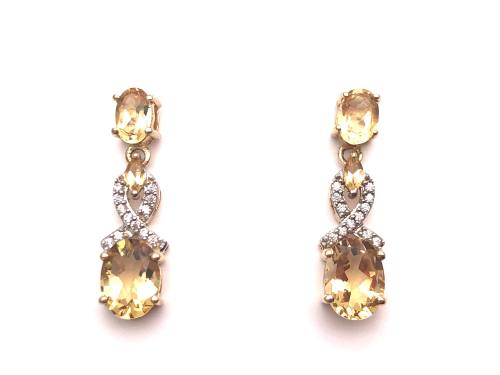 9ct Citrine & Diamond Drop Earrings