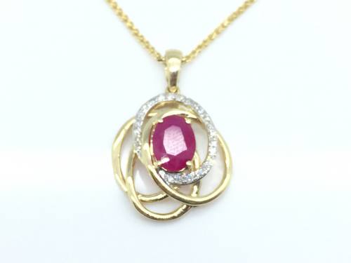 9ct Ruby and Diamond Swirl Pendant & Chain
