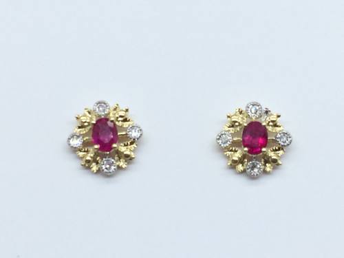 9ct Yellow Gold Ruby and Diamond Stud Earrings