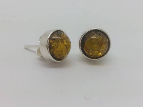 Silver Green Amber Round Stud Earrings
