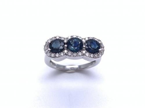 9ct Sapphire & Diamond Triple Cluster Ring 0.35ct