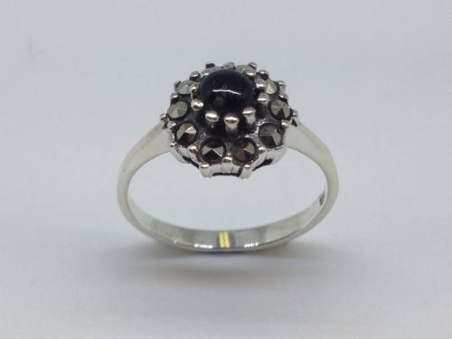 Silver Marcasite & Onyx Ring Size N