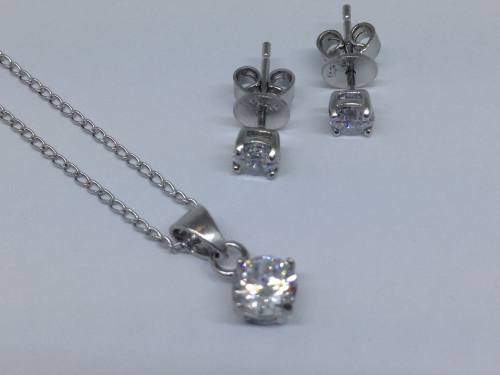 Silver CZ pendant, Chain & CZ Stud Earrings Set