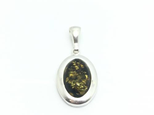 Silver Green Amber Oval Pendant