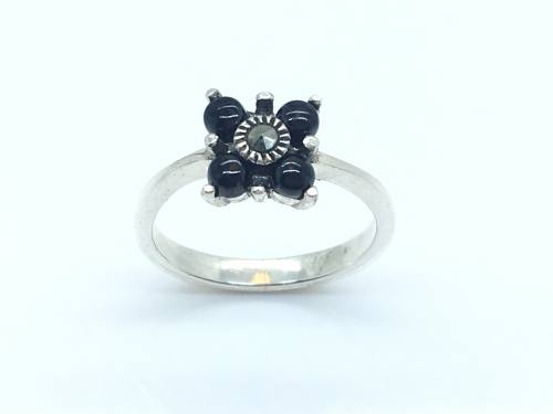 Silver Onyx and Marcasite Cluster Ring