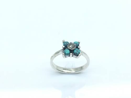 Silver Created Turquoise And Marcasite Ring