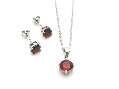 Silver Chain, Red CZ Pendant & Red CZ Stud Set