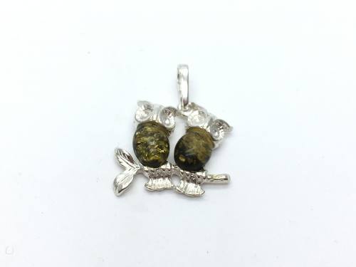 Silver Green Amber Double Owl Pendant