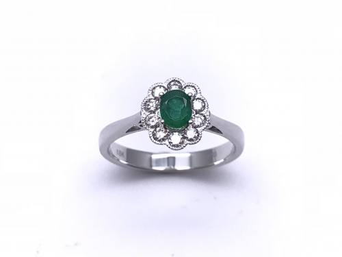 18ct White Gold Emerald & Diamond Halo Ring