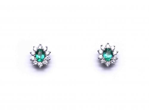 18ct White Gold Emerald & Diamond Cluster Earrings