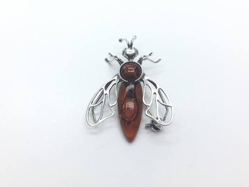 Silver Amber Moth Brooch