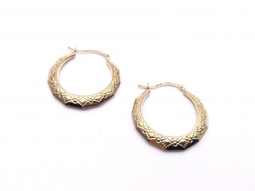 9ct Yellow Gold Patterned Creole Hoop Earrings