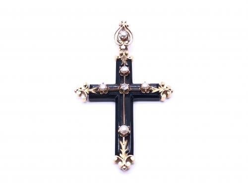 An Old Diamond & Pearl Gothic Style Cross Pendant
