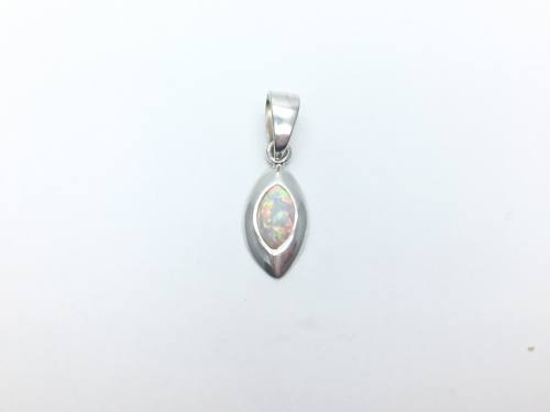 Silver White Created Opal Marquise Drop Pendant
