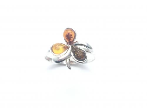 Silver Multi Amber Flower Ring