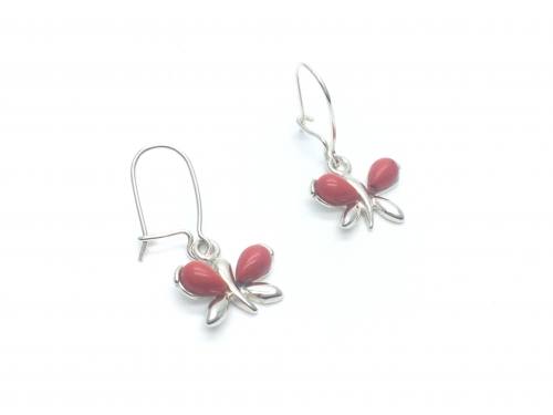 Silver Created Coral Butterfly Drop Earrings