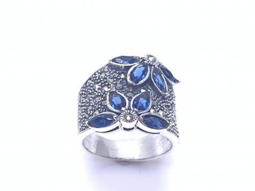 Silver Blue CZ and Marcasite Ring