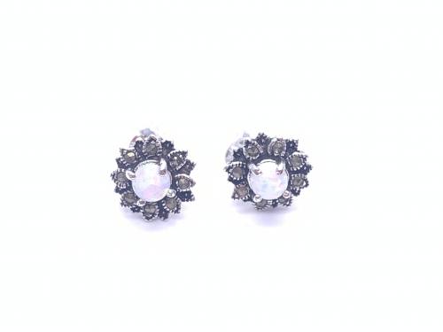 Silver Marcasite & Created Opal Flower Studs