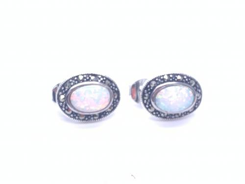 Silver Marcasite Created Opal Stud Earrings