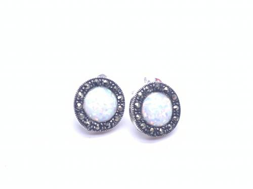 Silver Marcasite & Created Opal Stud Earrings