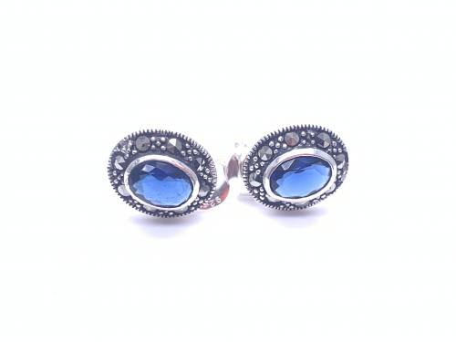 Silver Marcasite & Blue CZ Stud Earrings