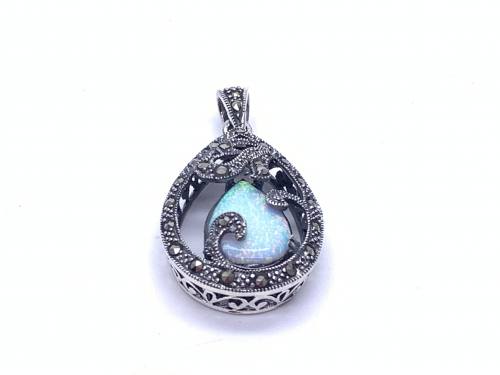 Silver marcasite & Created Opal Teardrop Pendant