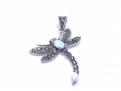 Silver Marcasite & Created Opal Draagonfly Pendant
