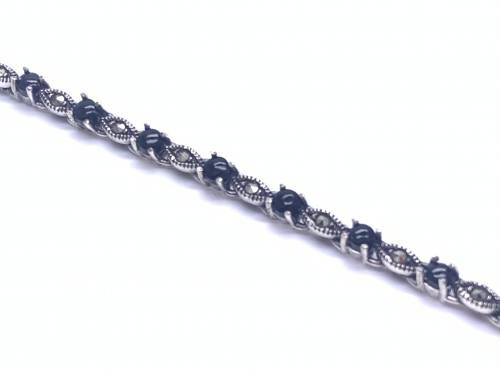 Silver Marcasite & Onyx Set Bracelet 7 Inch