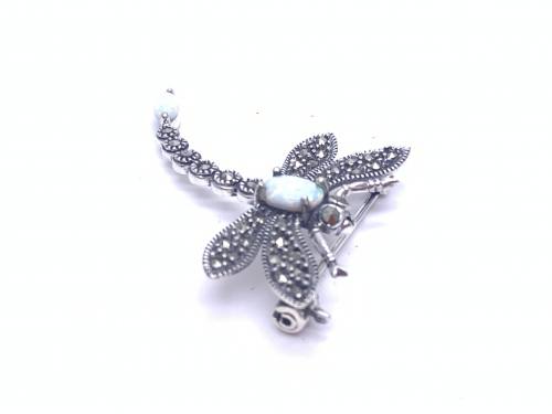 Silver Marcasite & Created Opal Dragonfly Brooch