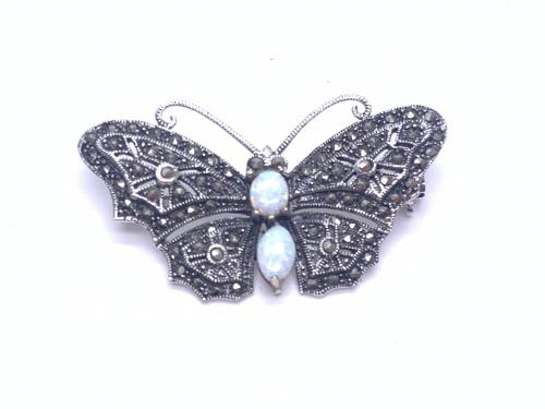 Silver Marcasite & Created Opal Butterfly Brooch