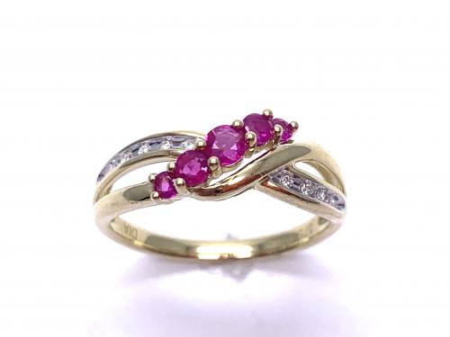 9ct Yellow Gold Ruby and Diamond Crossover Ring
