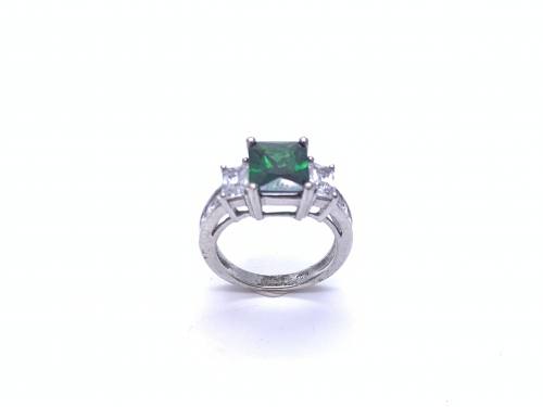 Silver Green & White CZ 3 Stone Ring