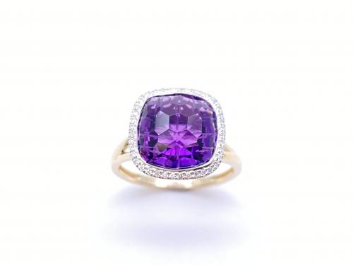 9ct Yellow Gold Amethyst and Diamond Cluster Ring