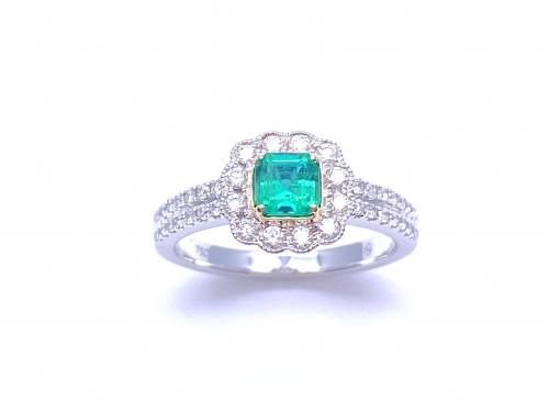 18ct White Gold Emerald & Diamond Cluster Ring