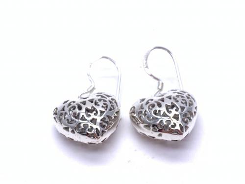 Silver Filagree Heart Drop Earrings