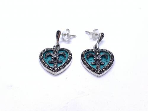 Silver Marcasite & Turquoise Heart Drop Studs